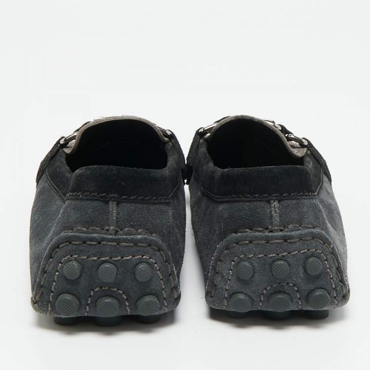 Pre Owned Louis Vuitton Grey/Black Suede Logo Slip On Loafers Size 37