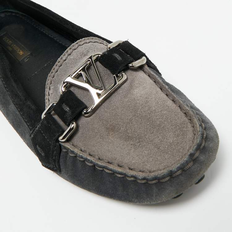 Pre Owned Louis Vuitton Grey/Black Suede Logo Slip On Loafers Size 37