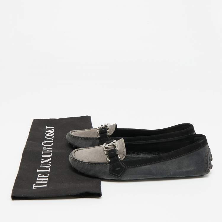 Pre Owned Louis Vuitton Grey/Black Suede Logo Slip On Loafers Size 37