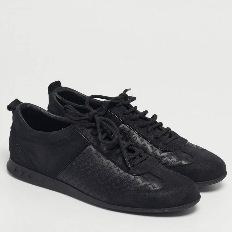 Pre Owned Louis Vuitton Black Monogram Satin and Suede Low Top Sneakers Size 37