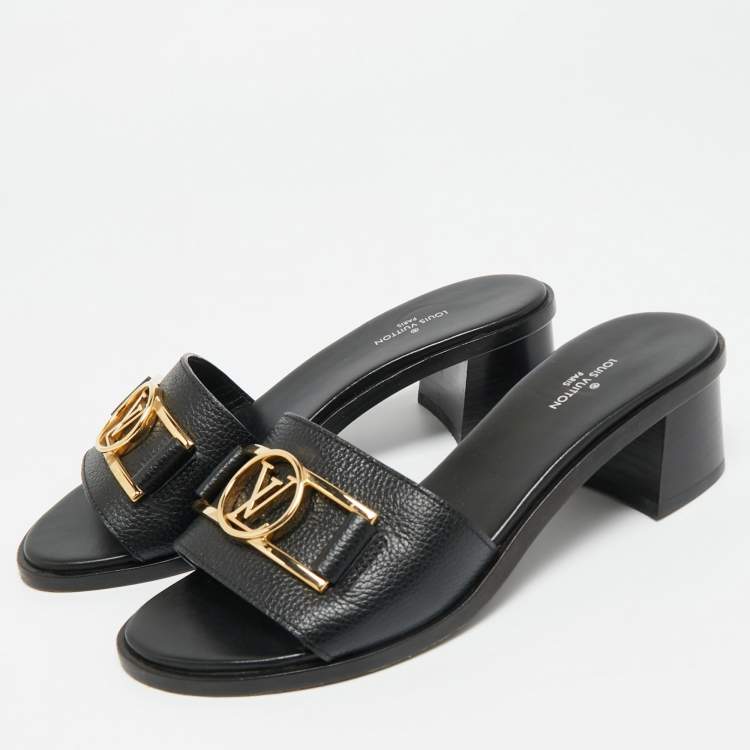Pre Owned Louis Vuitton Black Leather Lock It Slide Sandals Size 36.5