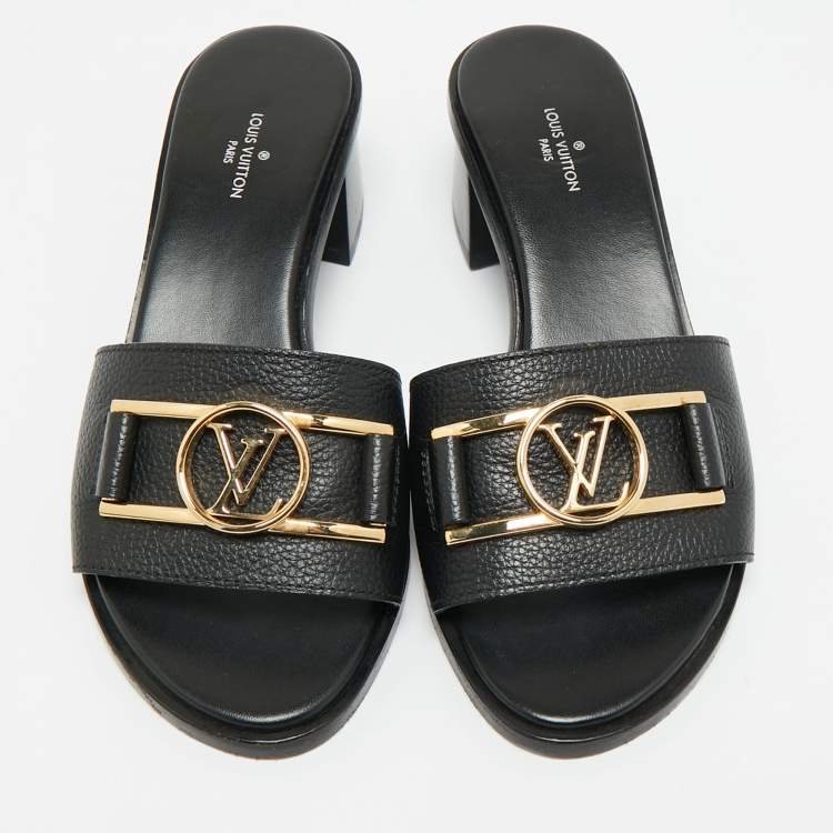 Pre Owned Louis Vuitton Black Leather Lock It Slide Sandals Size 36.5
