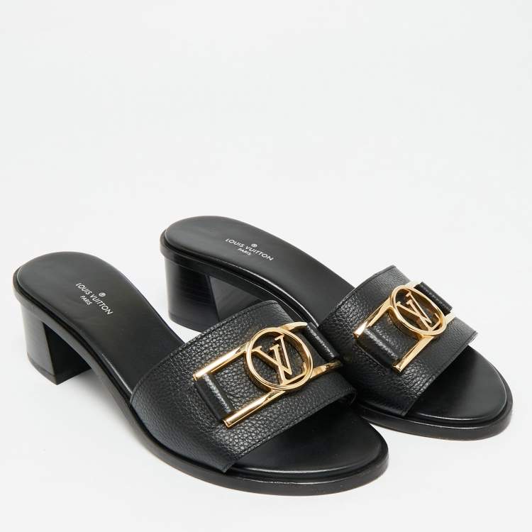 Pre Owned Louis Vuitton Black Leather Lock It Slide Sandals Size 36.5