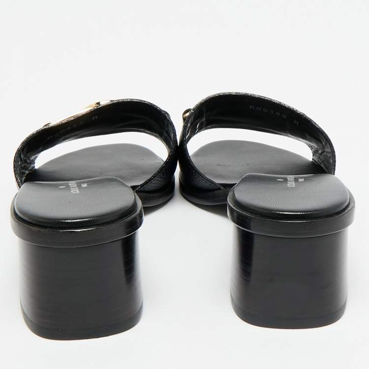 Pre Owned Louis Vuitton Black Leather Lock It Slide Sandals Size 36.5