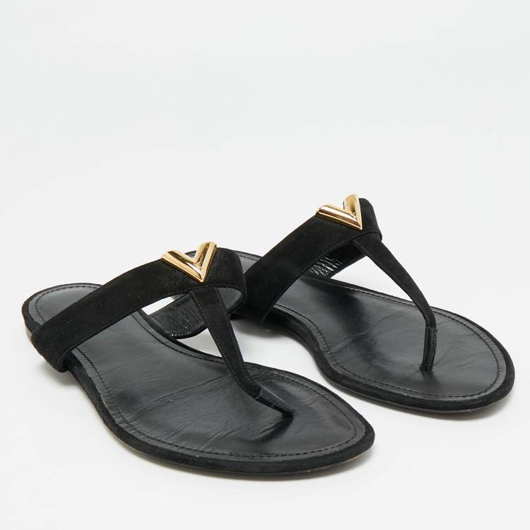 Pre Owned Louis Vuitton Size 38 Black Suede Thong Flat Sandals