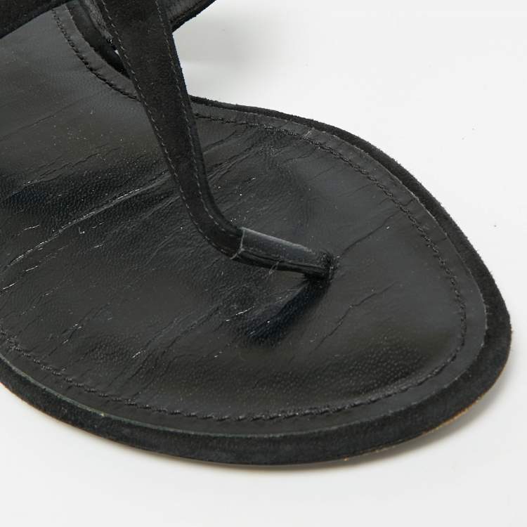 Pre Owned Louis Vuitton Size 38 Black Suede Thong Flat Sandals
