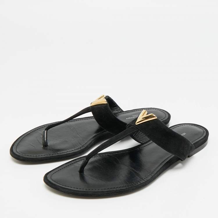 Pre Owned Louis Vuitton Size 38 Black Suede Thong Flat Sandals