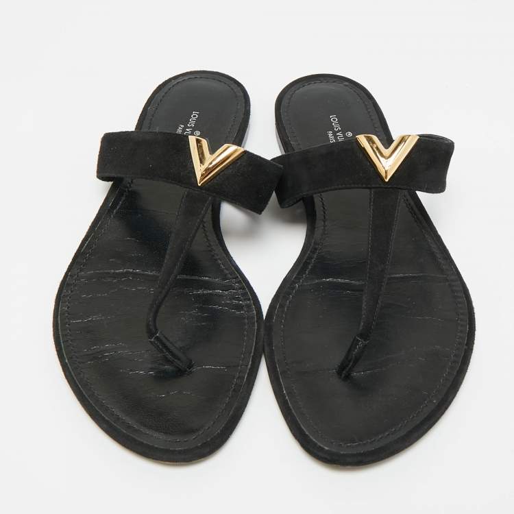 Pre Owned Louis Vuitton Size 38 Black Suede Thong Flat Sandals