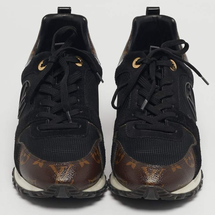 Pre Owned Louis Vuitton Run Away Size 38.5 Black Monogram Canvas, Fabric and Suede Sneakers
