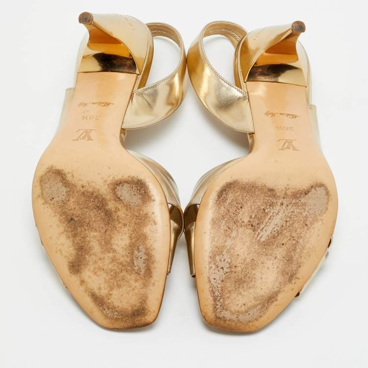 Pre Owned Louis Vuitton Barbara Size 36.5 Gold Leather D'orsay Slingback Sandals