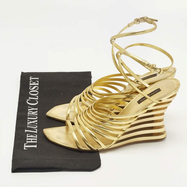 Pre Owned Louis Vuitton Size 40 Gold Leather Wedge Sandals