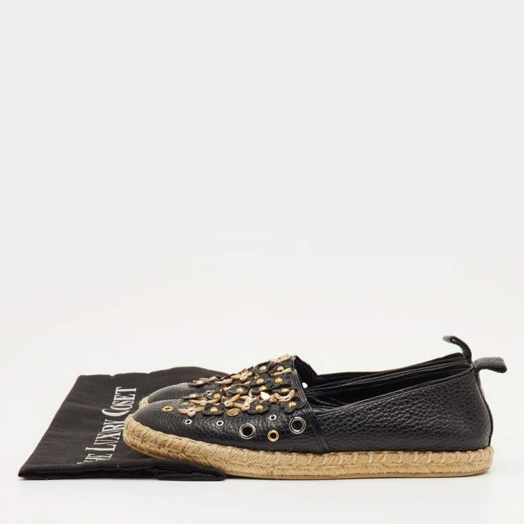 Pre Owned Louis Vuitton Tropical Bloom Size 37 Black Leather Espadrille Flats