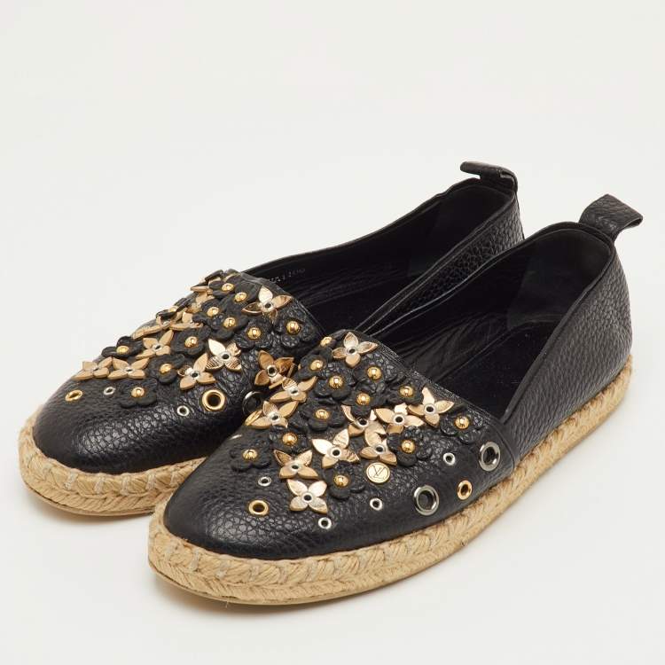 Pre Owned Louis Vuitton Tropical Bloom Size 37 Black Leather Espadrille Flats