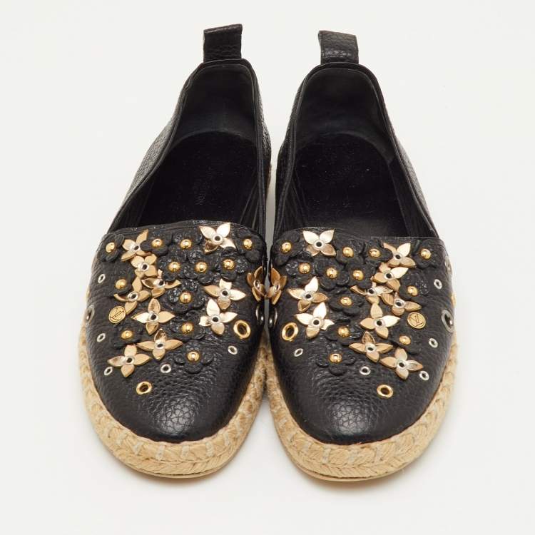 Pre Owned Louis Vuitton Tropical Bloom Size 37 Black Leather Espadrille Flats