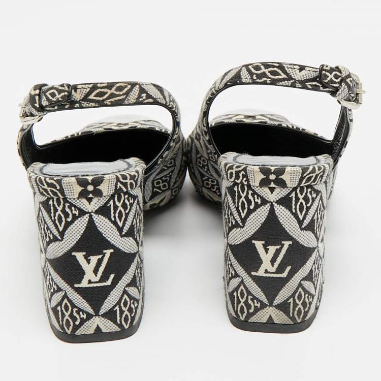 Pre Owned Louis Vuitton Madeleine Size 36.5 White/Black Canvas Slingback Pumps