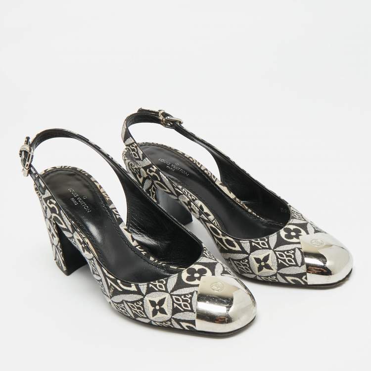 Pre Owned Louis Vuitton Madeleine Size 36.5 White/Black Canvas Slingback Pumps