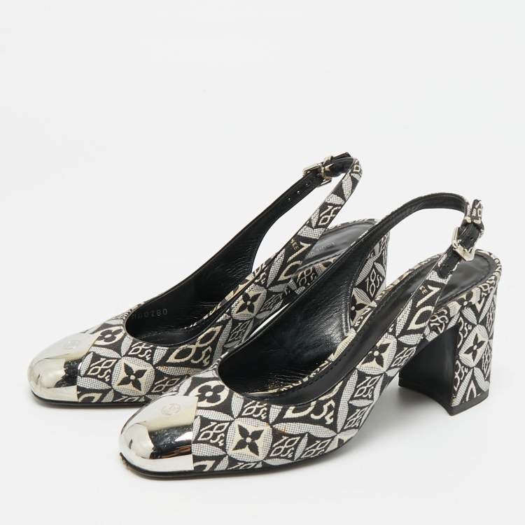 Pre Owned Louis Vuitton Madeleine Size 36.5 White/Black Canvas Slingback Pumps