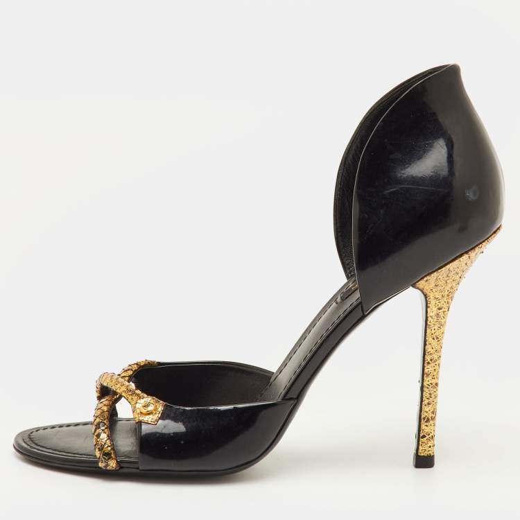 Pre Owned Louis Vuitton Size 40 Black/Gold Patent Leather and Snakeskin Open Toe Slide Sandals