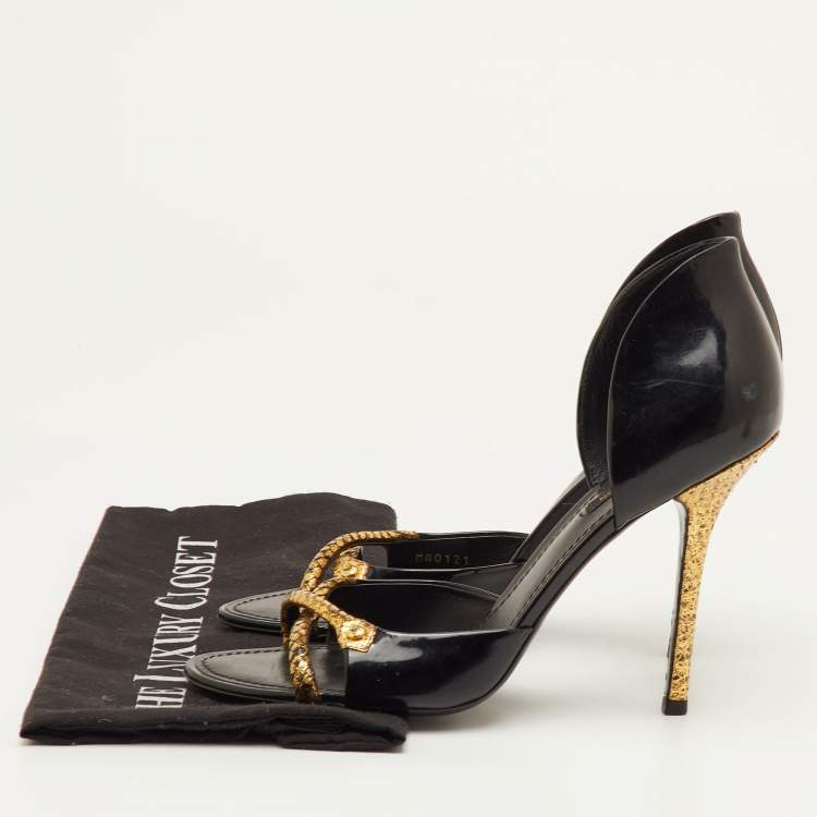 Pre Owned Louis Vuitton Size 40 Black/Gold Patent Leather and Snakeskin Open Toe Slide Sandals