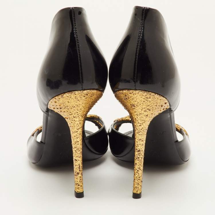 Pre Owned Louis Vuitton Size 40 Black/Gold Patent Leather and Snakeskin Open Toe Slide Sandals