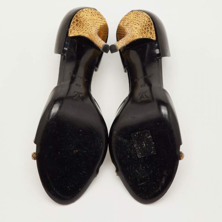 Pre Owned Louis Vuitton Size 40 Black/Gold Patent Leather and Snakeskin Open Toe Slide Sandals