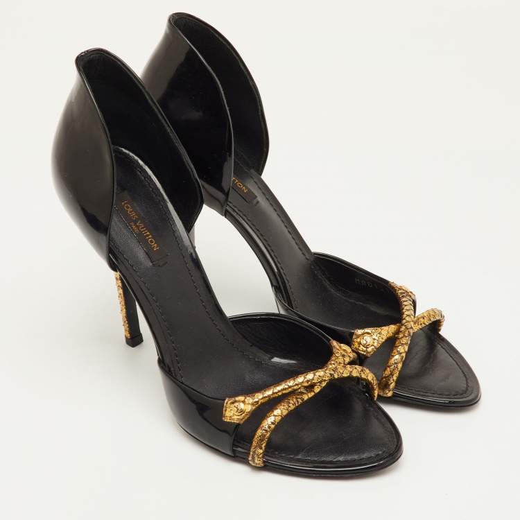 Pre Owned Louis Vuitton Size 40 Black/Gold Patent Leather and Snakeskin Open Toe Slide Sandals