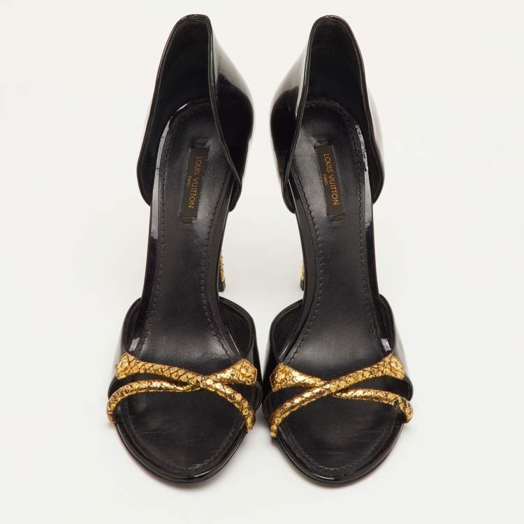 Pre Owned Louis Vuitton Size 40 Black/Gold Patent Leather and Snakeskin Open Toe Slide Sandals