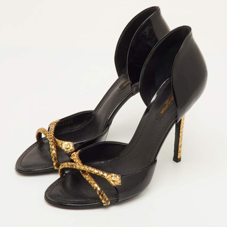 Pre Owned Louis Vuitton Size 40 Black/Gold Patent Leather and Snakeskin Open Toe Slide Sandals