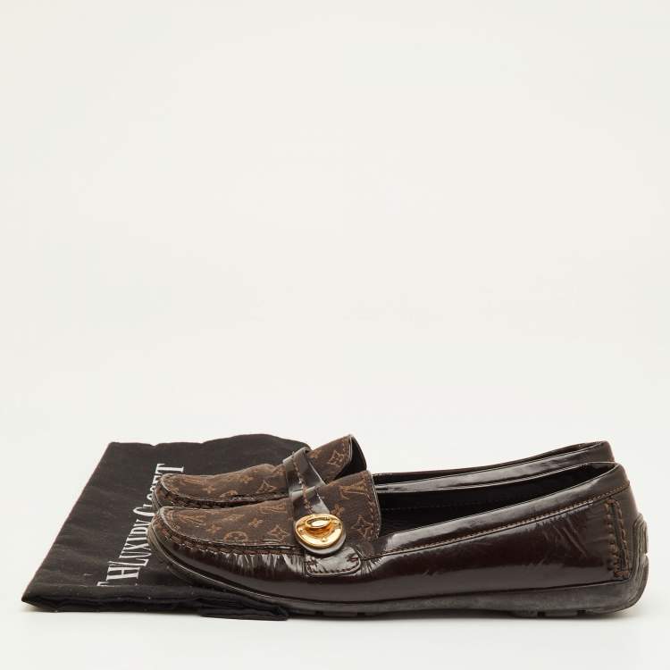 م ملوكة مسبقًا Louis Vuitton Size 38 Brown Patent Leather and Mini Lin Monogram Canvas Slip On Loafers