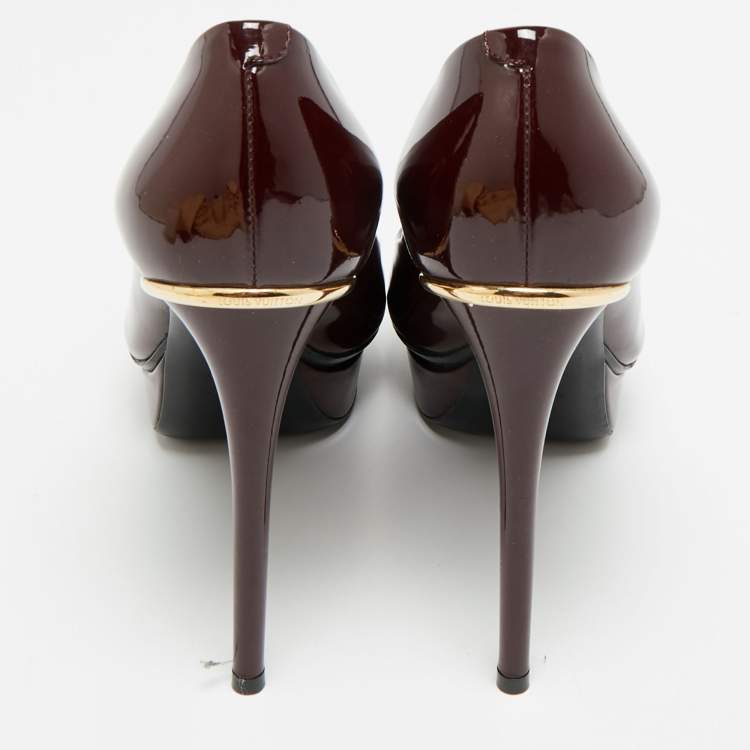 Pre Owned حذاء كعب عالي لوي فيتون مقدمة مفتوحة أو ريللي جلد لامع أسود منصة مقاس 38.5