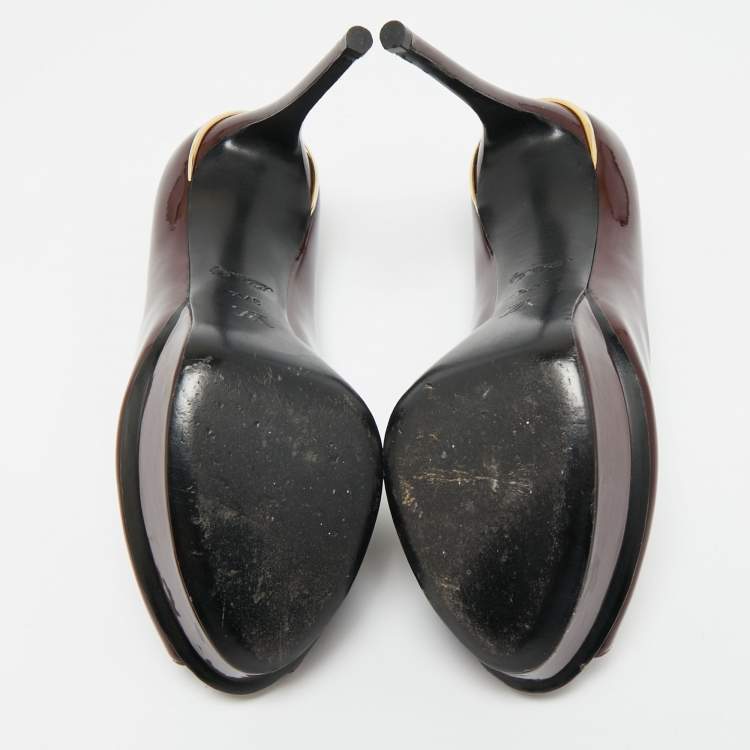 Pre Owned حذاء كعب عالي لوي فيتون مقدمة مفتوحة أو ريللي جلد لامع أسود منصة مقاس 38.5