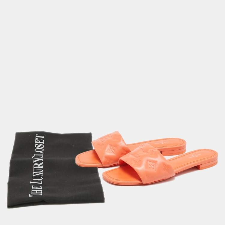 Pre Owned Louis Vuitton Revival Size 37.5 Orange Monogram Leather Flat Slide