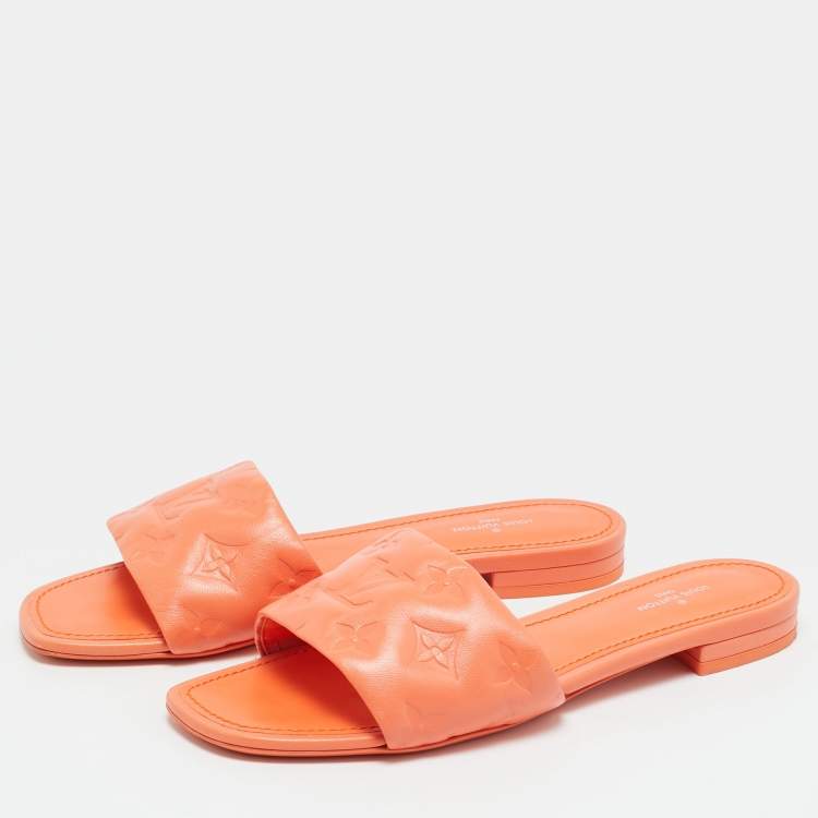 Pre Owned Louis Vuitton Revival Size 37.5 Orange Monogram Leather Flat Slide