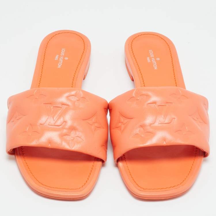 Pre Owned Louis Vuitton Revival Size 37.5 Orange Monogram Leather Flat Slide