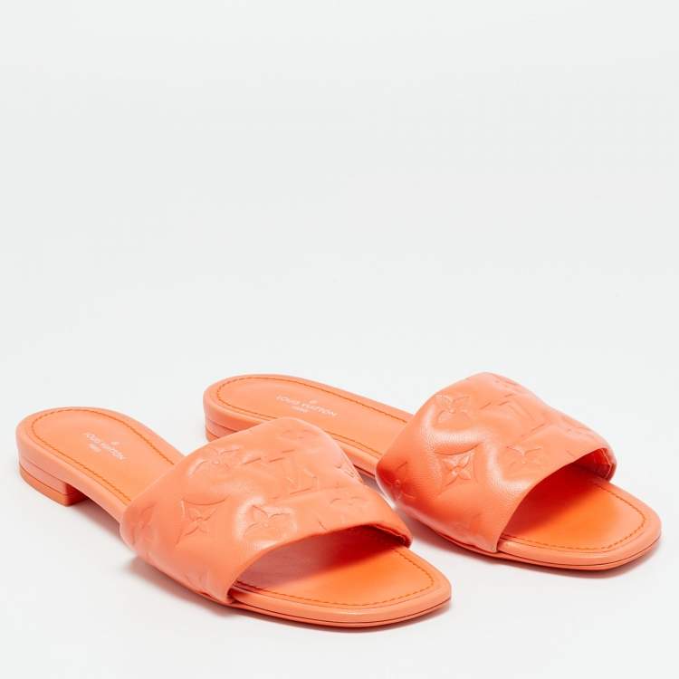 Pre Owned Louis Vuitton Revival Size 37.5 Orange Monogram Leather Flat Slide