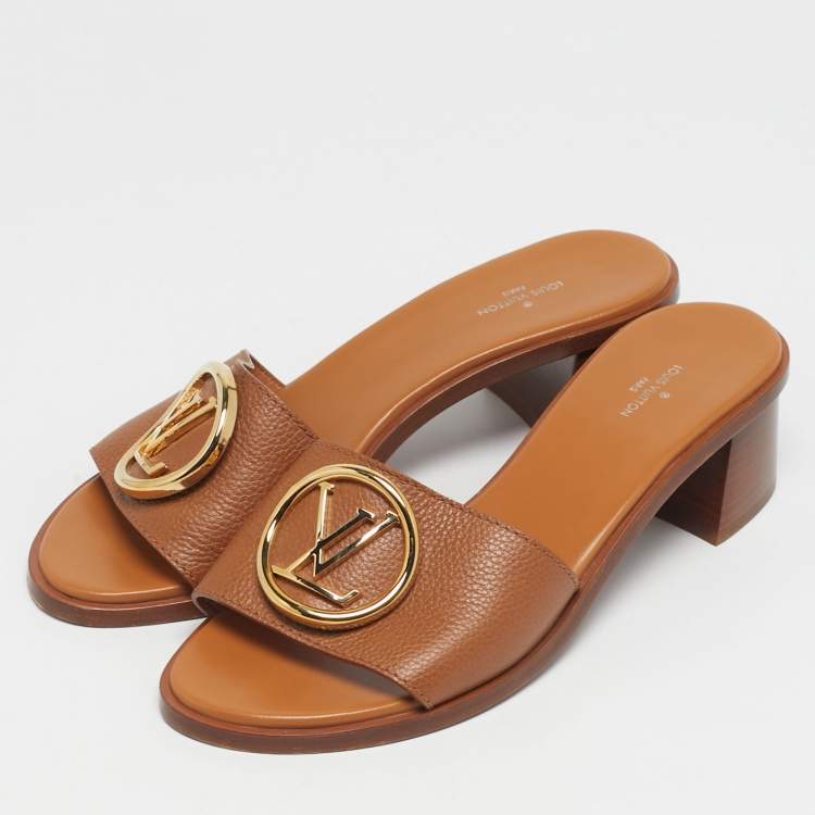 Pre Owned Louis Vuitton Lock It Size 39 Brown Leather Block Heel Slide Sandals
