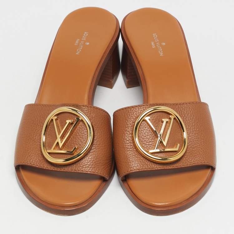 Pre Owned Louis Vuitton Lock It Size 39 Brown Leather Block Heel Slide Sandals