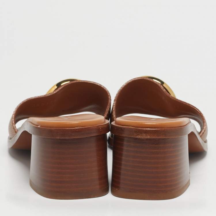 Pre Owned Louis Vuitton Lock It Size 39 Brown Leather Block Heel Slide Sandals