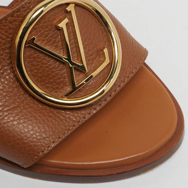 Pre Owned Louis Vuitton Lock It Size 39 Brown Leather Block Heel Slide Sandals