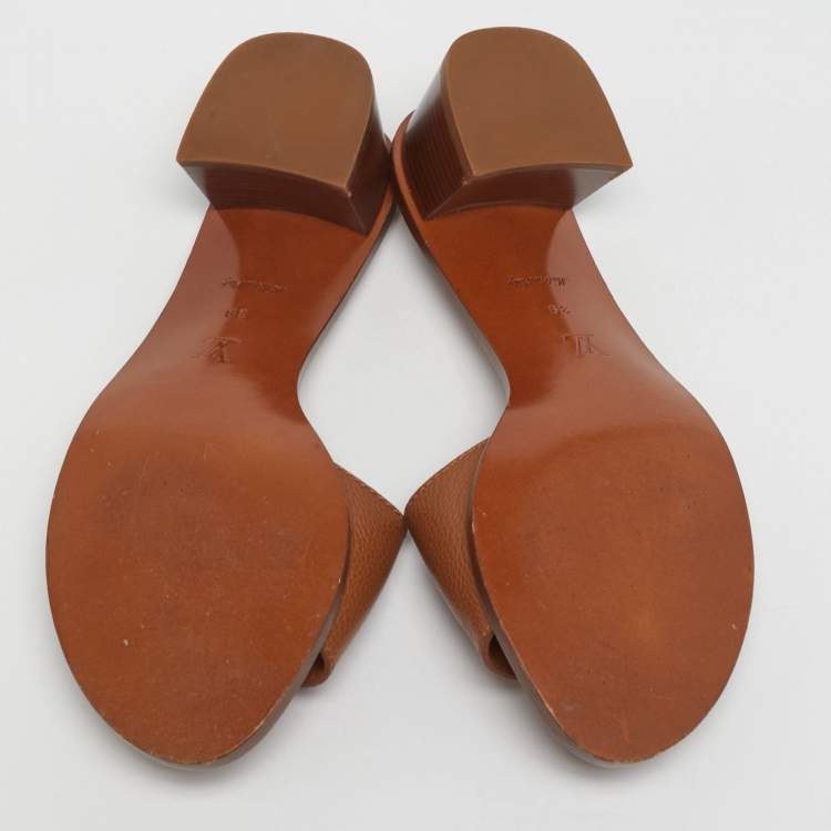 Pre Owned Louis Vuitton Lock It Size 39 Brown Leather Block Heel Slide Sandals
