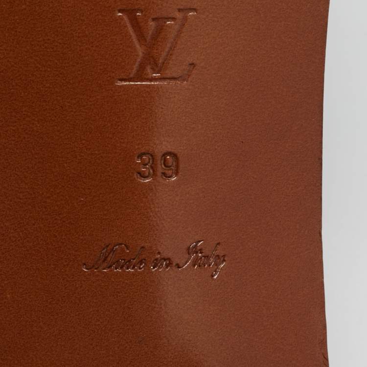 Pre Owned Louis Vuitton Lock It Size 39 Brown Leather Block Heel Slide Sandals