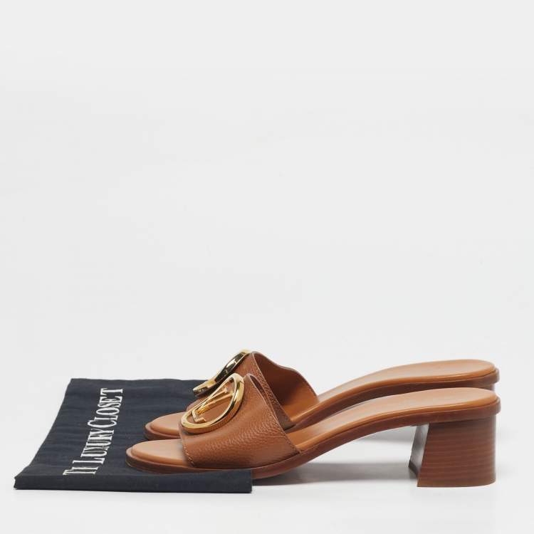 Pre Owned Louis Vuitton Lock It Size 39 Brown Leather Block Heel Slide Sandals