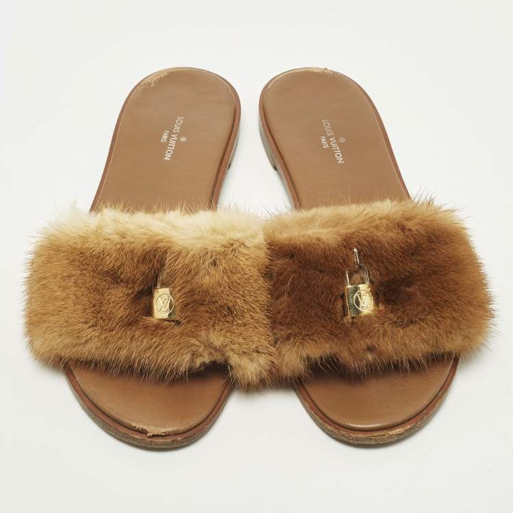 Pre Owned Louis Vuitton Lock It Size 37.5 Brown Mink Fur Flat Sandals