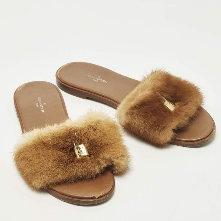 Pre Owned Louis Vuitton Lock It Size 37.5 Brown Mink Fur Flat Sandals