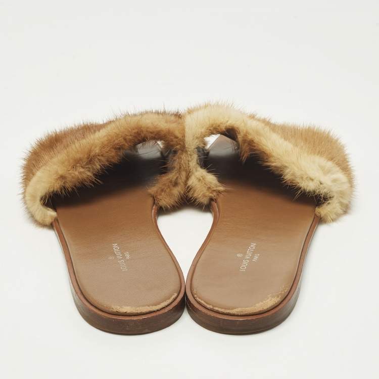 Pre Owned Louis Vuitton Lock It Size 37.5 Brown Mink Fur Flat Sandals
