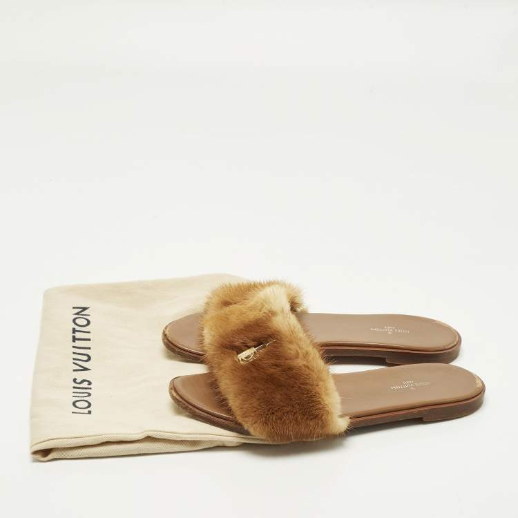 Pre Owned Louis Vuitton Lock It Size 37.5 Brown Mink Fur Flat Sandals