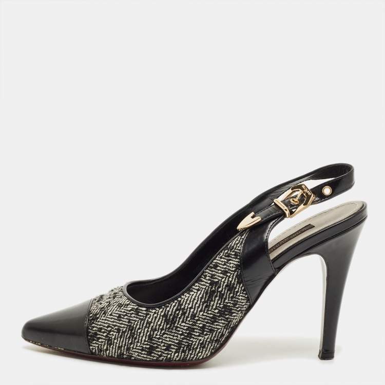 Pre Owned Louis Vuitton Size 36 Black/White Leather and Tweed Slingback Pumps