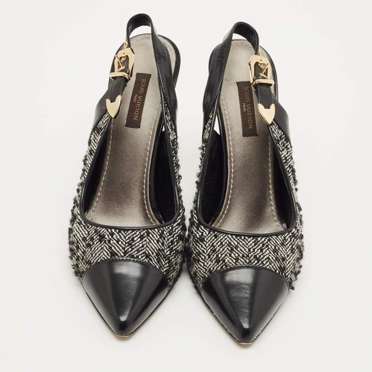 Pre Owned Louis Vuitton Size 36 Black/White Leather and Tweed Slingback Pumps