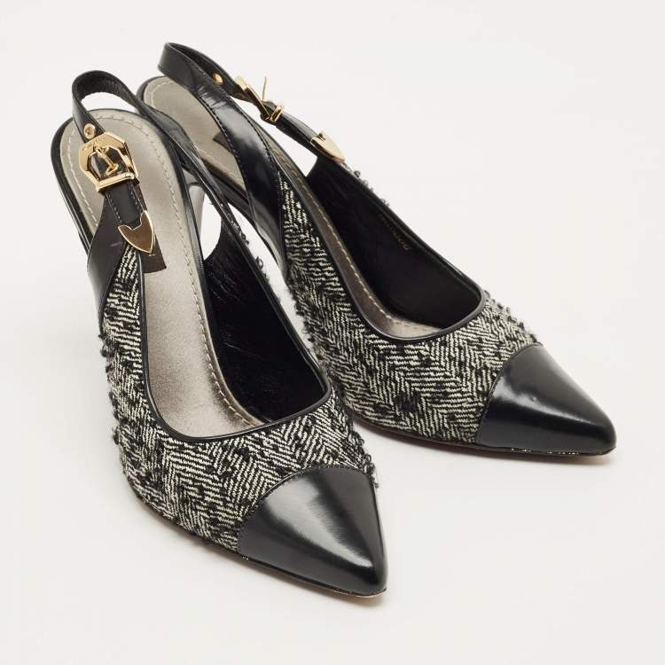 Pre Owned Louis Vuitton Size 36 Black/White Leather and Tweed Slingback Pumps