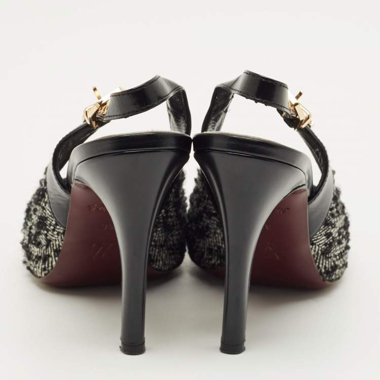 Pre Owned Louis Vuitton Size 36 Black/White Leather and Tweed Slingback Pumps